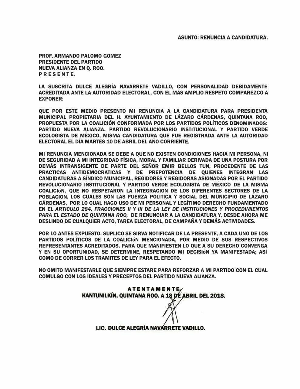 Renuncia candidata a presidenta municipal en Lázaro Cárdenas