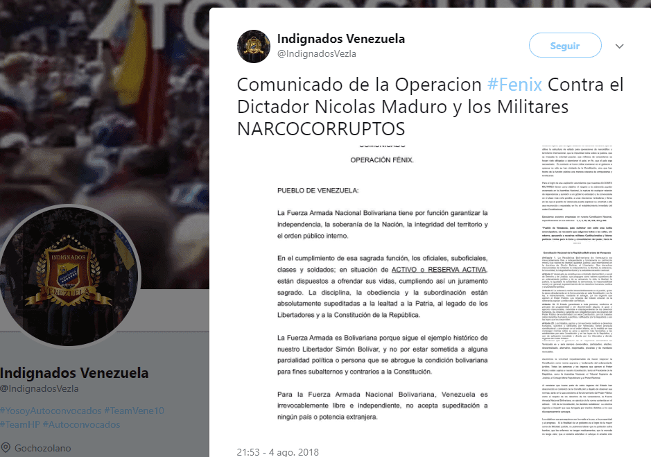 Se atribuye el atentado en Venezuela "Soldados de Franela", resistencia de Óscar Pérez