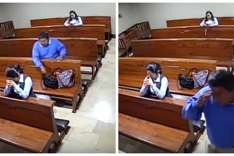 Hombre se persigna en iglesia después de robar un celular