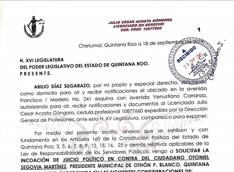 Surge segunda petición de juicio político contra Otoniel Segovia