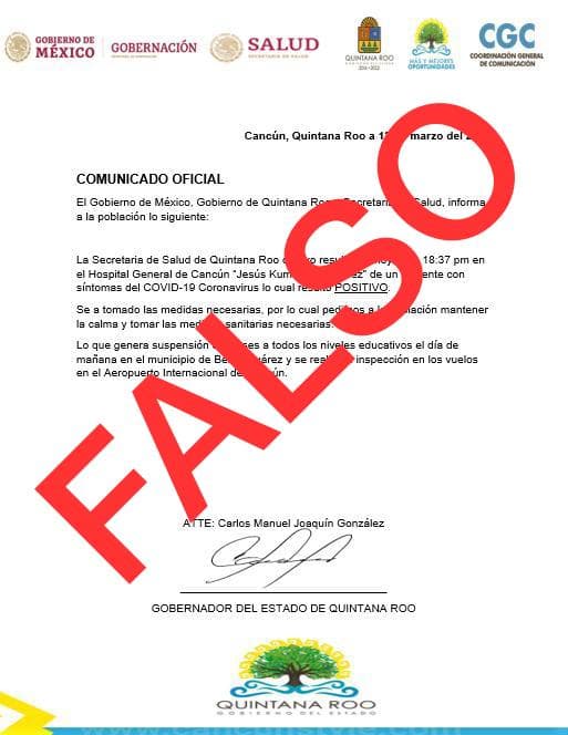 Comunicado de supuesto caso de coronavirus en Cancún es falso