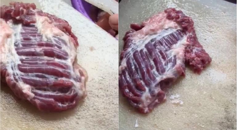 Video: ¡'Cobra vida'! Filete de carne cruda empieza a moverse en una tabla de cortar