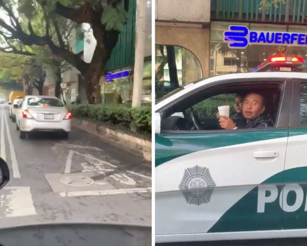 ¡Increíble! Policía se estaciona en carril exclusivo, le reclaman y se molesta por estar "desayunando"