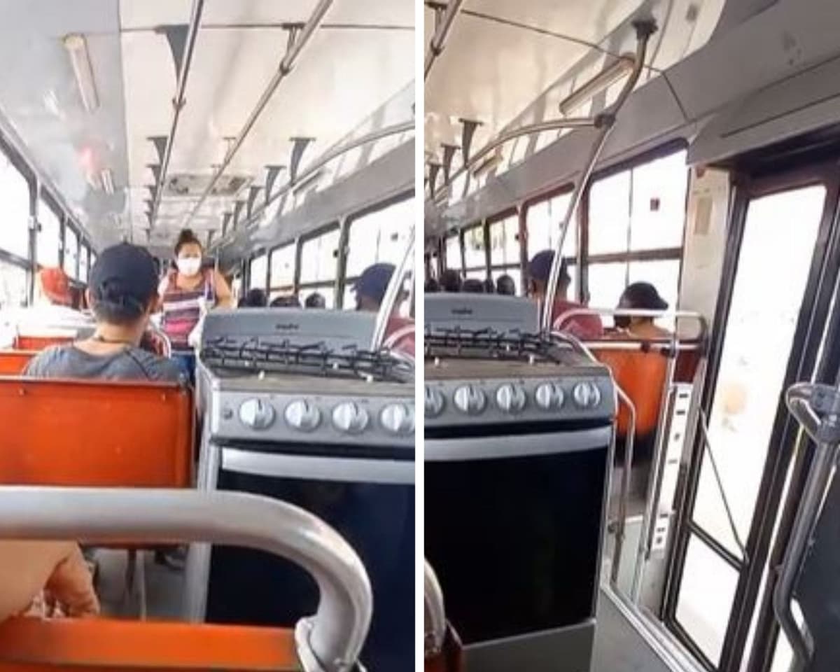 ¡POR SI PEGA EL HAMBRE! Captan a hombre viajando con todo y estufa en un autobús