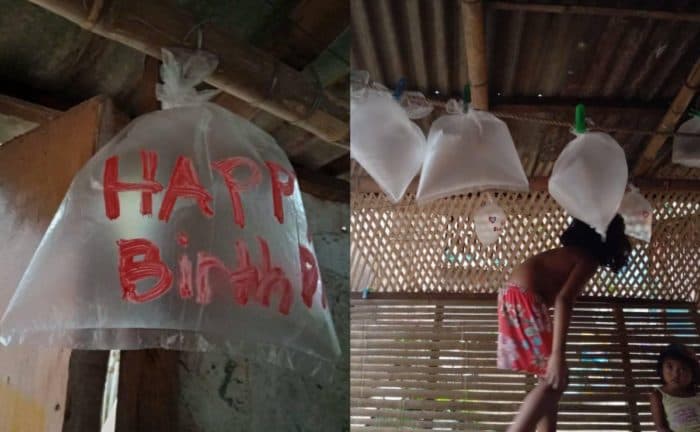 Niños usan "bolsas plásticas" como globos para celebrar cumpleaños a su papá