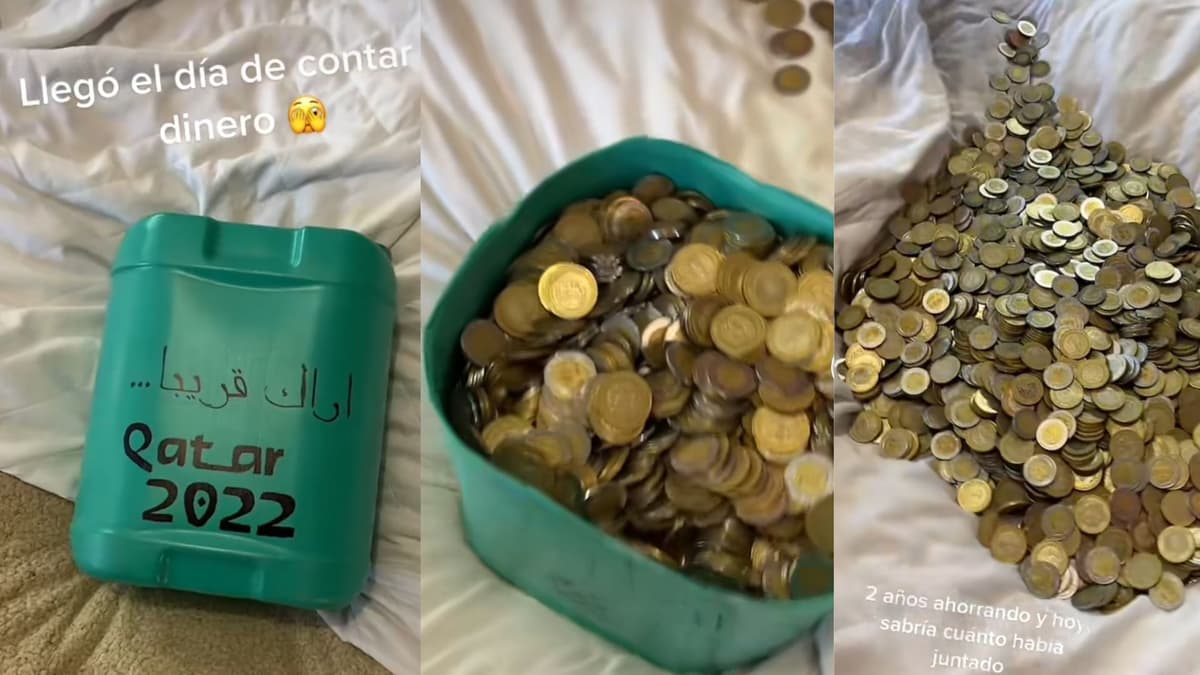 VIDEO: Joven ahorra miles de monedas de 5 y 10 pesos para su viaje a Qatar 2022