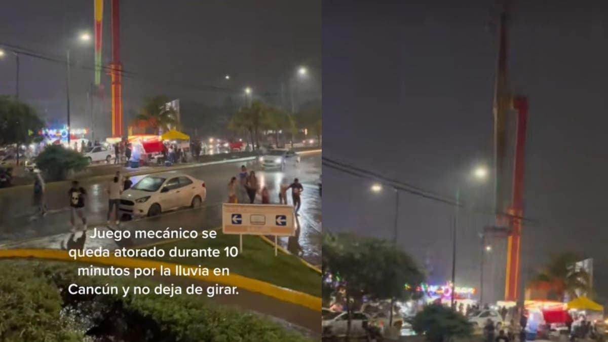 VIDEO: Juego mecánico se queda atorado por más de 10 minutos tras lluvias en Cancún