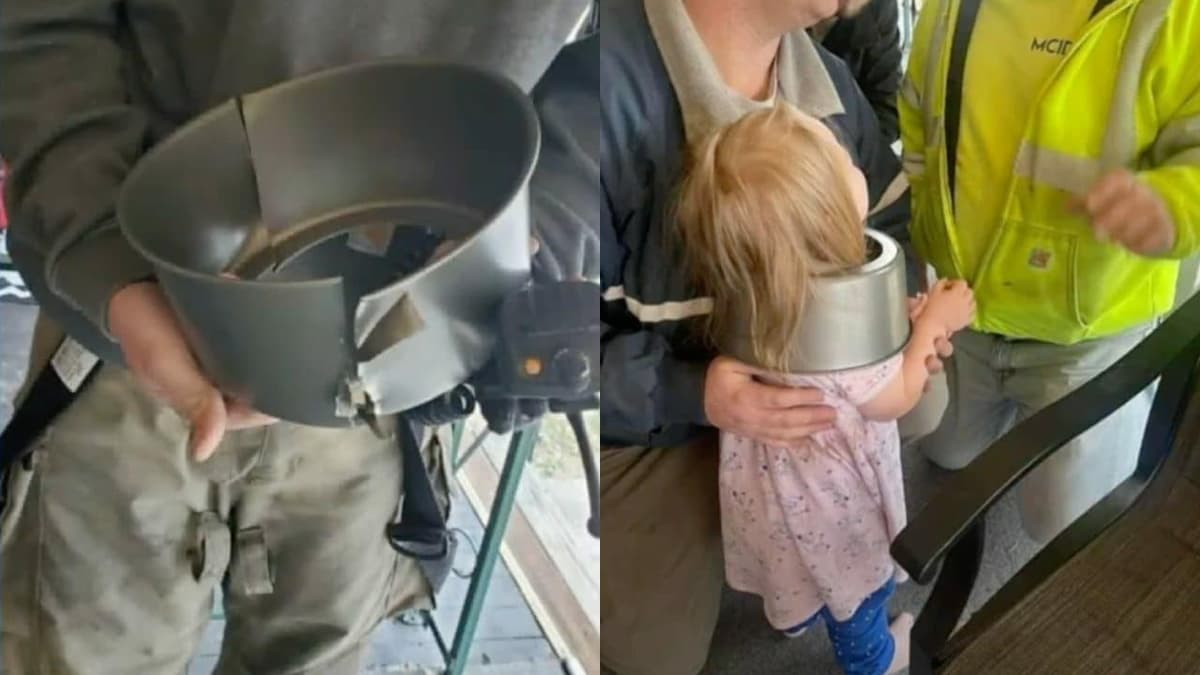 VIDEO: Niña se atora en un molde para pastel pensando que era un sombrero