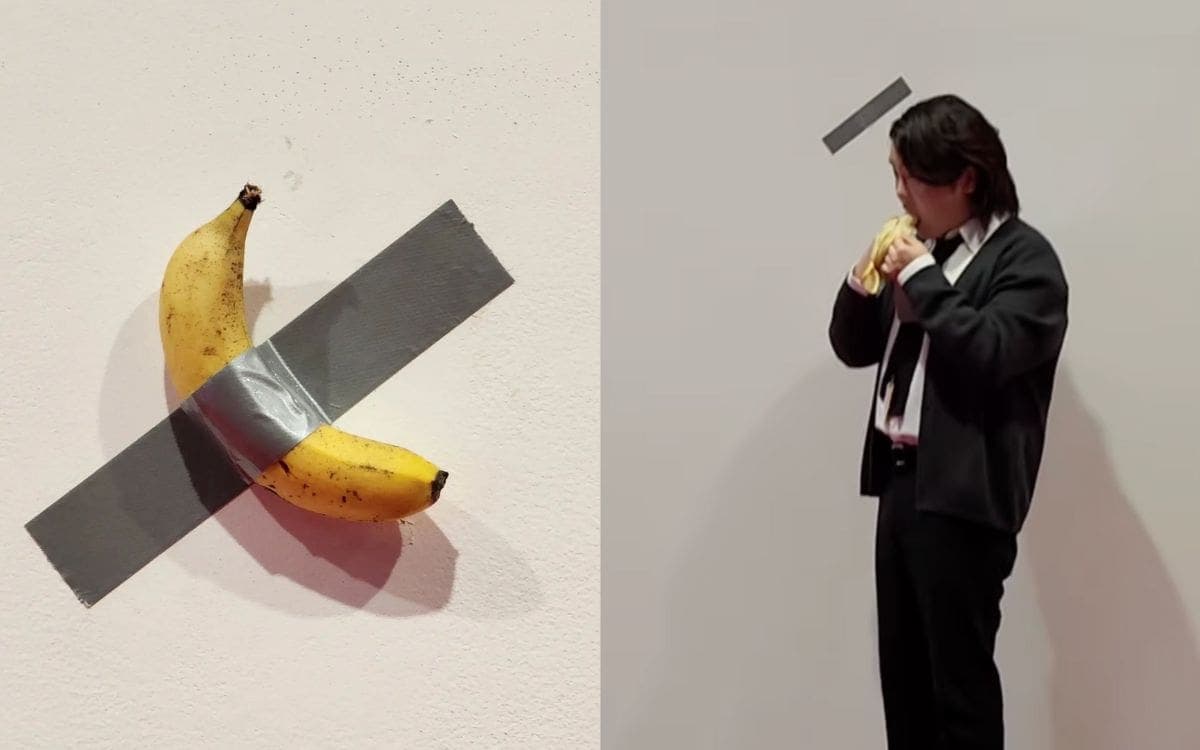 Joven se come polémica obra de plátano pegado a la pared