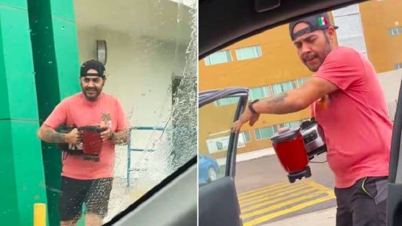 Video: Por falta de luz joven se lanza a las oficinas de la CFE con licuadora en mano para preparar una salsa