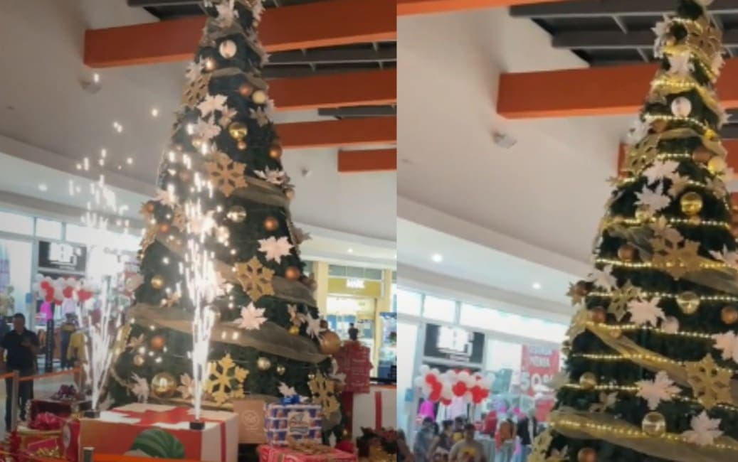 VIDEO: Critican pino navideño en centro comercial de Puebla por falta de luces