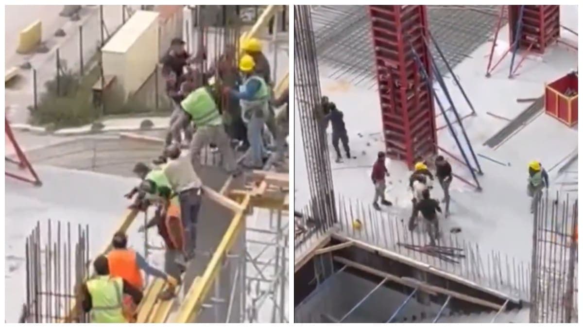 VIDEO: Albañiles protagonizan acalorada pelea desde una gran altura en plena construcción