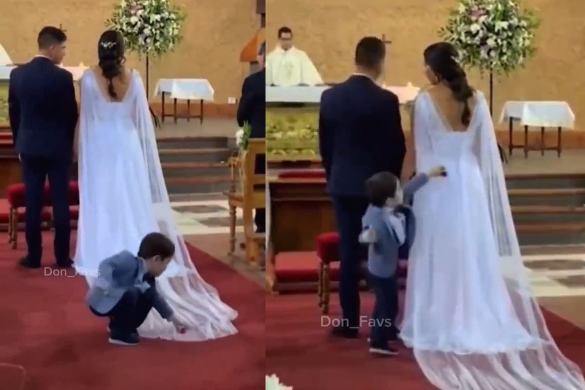 VIDEO: Niño juego con el vestido de una novia y desata polémica en redes