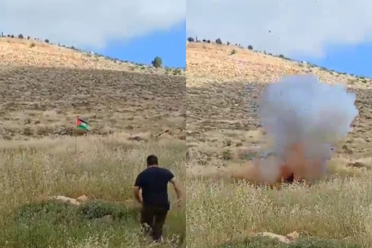 VIDEO: Israelí intenta quitar una bandera palestina y le explota una bomba