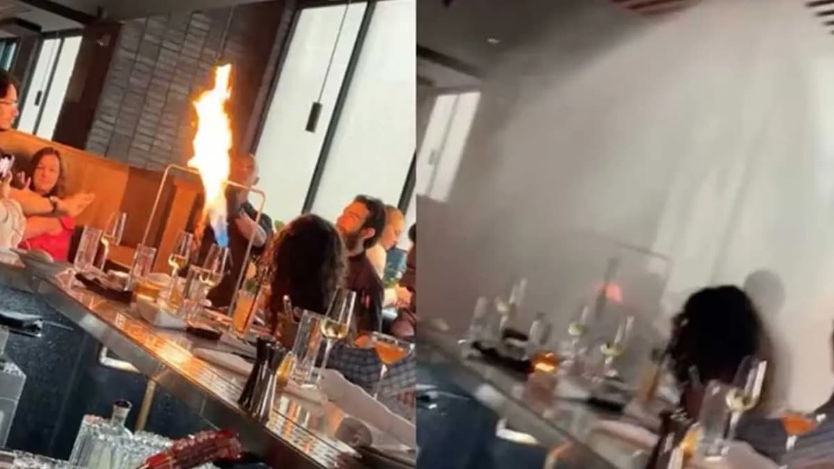 VIDEO: Mesero intenta flamear carne y termina activando el detector de incendios