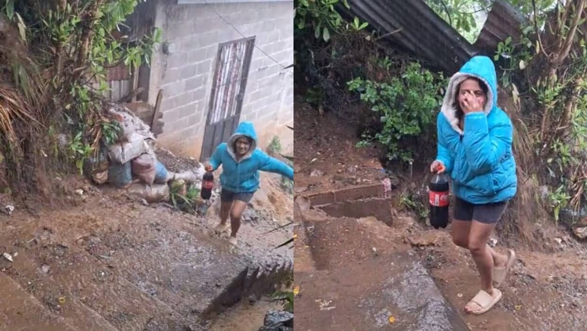Video: Mujer se viraliza por ir por una Coca-Cola de 2 litros bajo la lluvia
