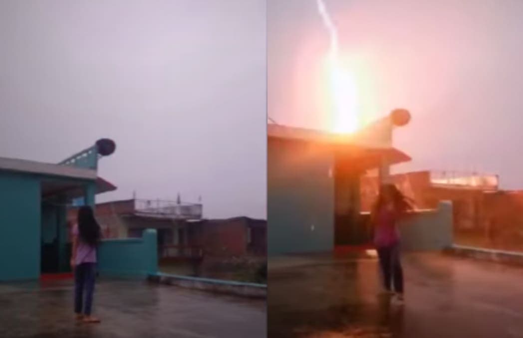 VIDEO: Rayo casi cae sobre una joven que grababa un video bajo la lluvia
