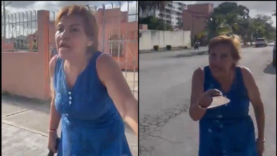 Video: Mujer de la tercera edad amenaza con machete a pareja en Cancún por no recoger heces de su perro