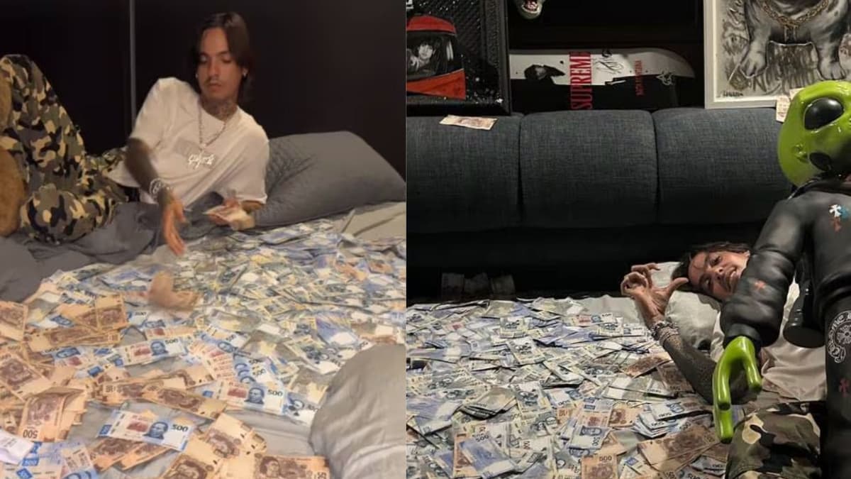 Critican a Natanael Cano por aparecer ebrio y acostado sobre una cama repleta de biletes