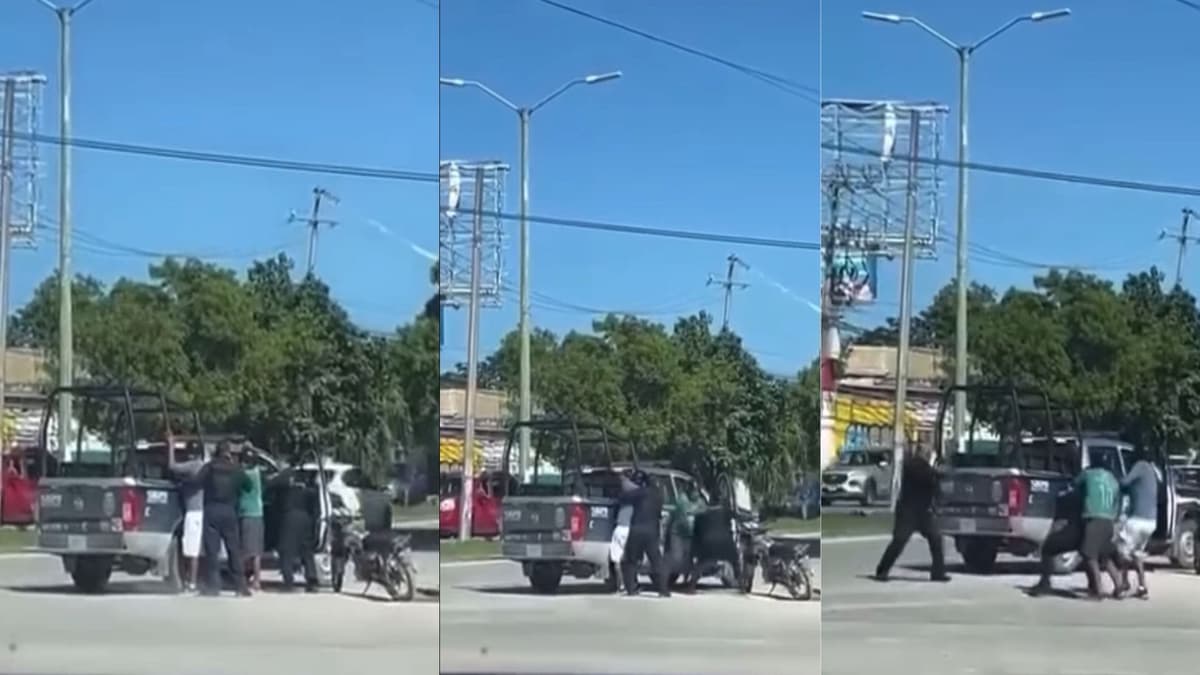 Video: Sujetos intentan desarmar a policías de Cancún y terminan baleados