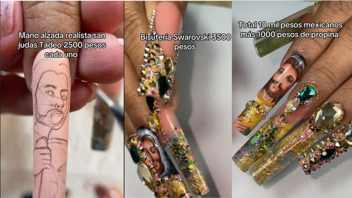 Video: Mujer paga 11 mil pesos por uñas de San Judas Tadeo con piedras Swarovski