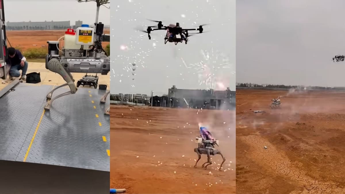 Video: Perro robot y dron se atacan a distancia con fuegos artificiales