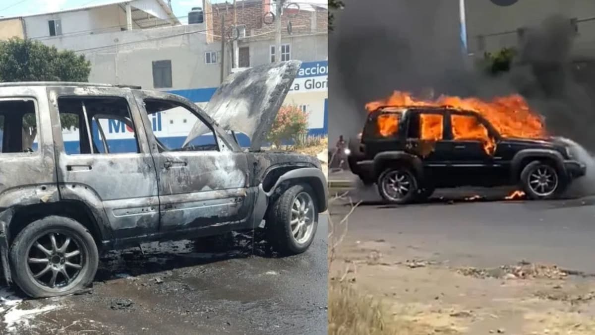 Presuntos sicarios incendian auto y bloquean carretera tras ser descubiertos tirando un cadáver en Guanajuato