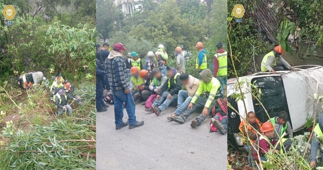 Cae camioneta con 18 trabajadores de la construcción a un barranco de 20 metros en CDMX