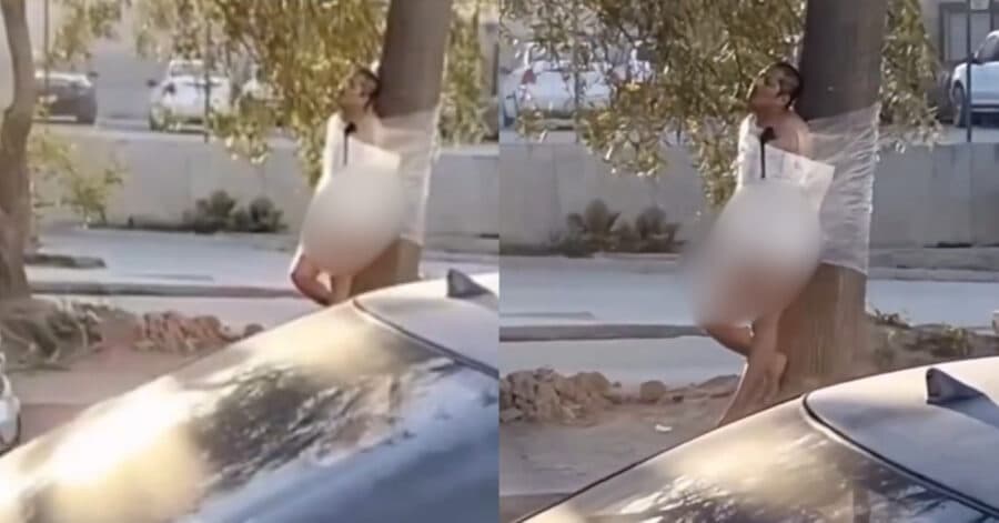 Video: Exhiben a un hombre amarrado a un árbol en Tijuana con un mensaje que lo señala de infiel