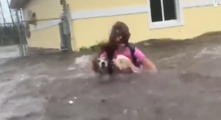 Salva a sus perros aferrandose a ellos durante el huracán Dorian