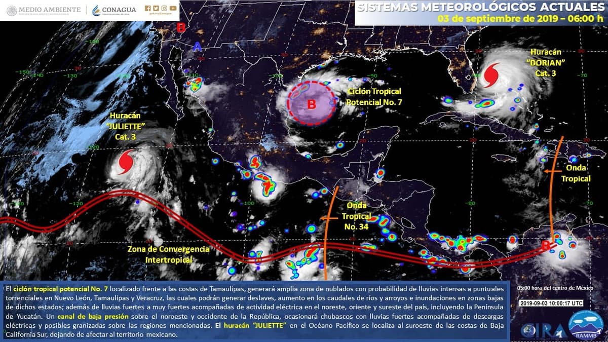 “Dorian” es categoría 2; se forma depresión tropical 7 en el Golfo de México