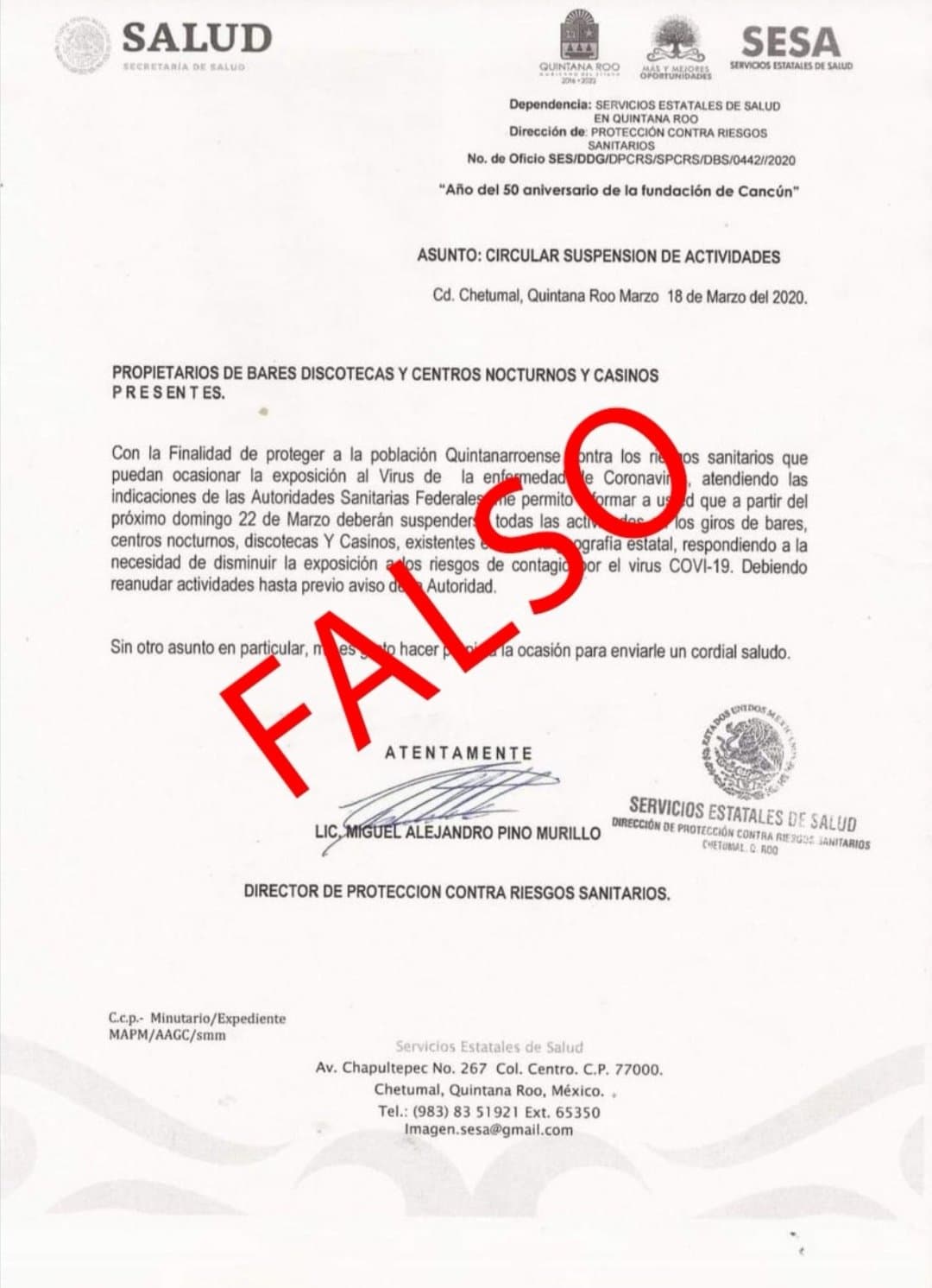 Circula FAKE sobre decreto de cierre de negocios por coronavirus