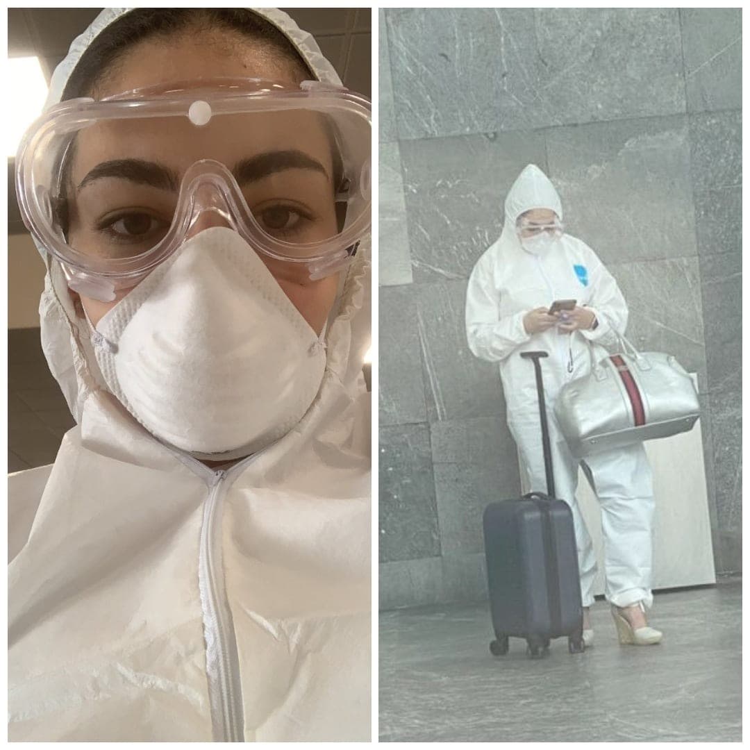 Viaja a Cancún en traje anticovid con tacones y se hace viral