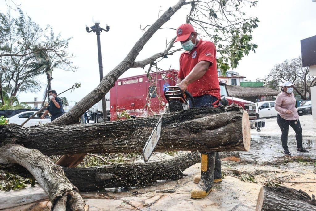 Ciudadanos y brigadistas limpian calles de Puerto Morelos tras el paso de "Zeta"
