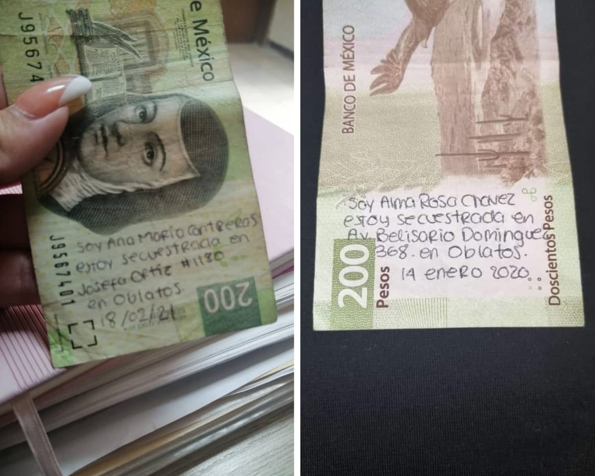 Encuentran billetes de 200 pesos en Guadalajara con mensajes de auxilio de mujeres