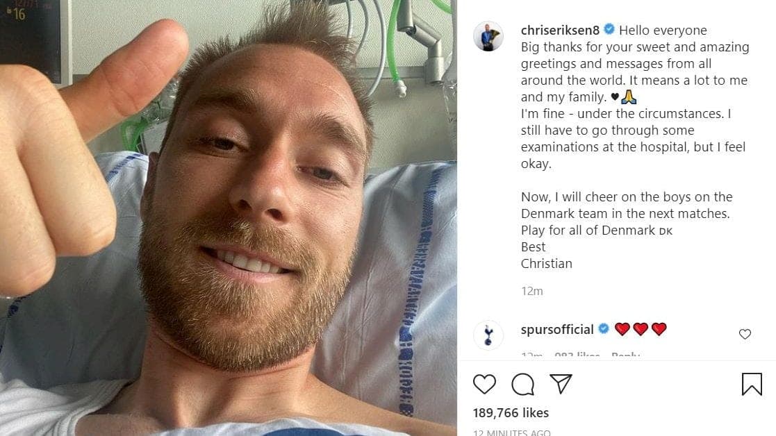 Eriksen envía mensaje alentador desde el hospital: “Estoy bien, dadas las circunstancias”