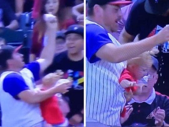 ¿Papá del año? Atrapa una pelota en el aire mientras sostiene a su bebé y una cerveza