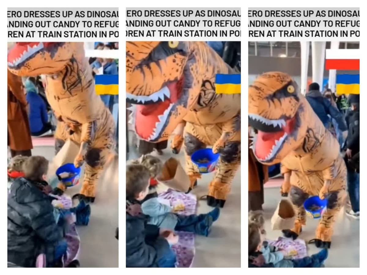 Video: reparte dulces vestido de dinosaurio a niños refugiados en Polonia