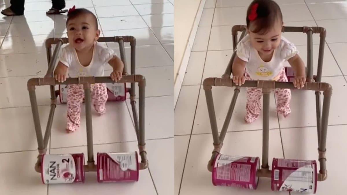 VIDEO: Papá construye andador para su bebé con tubos y tarros de leche