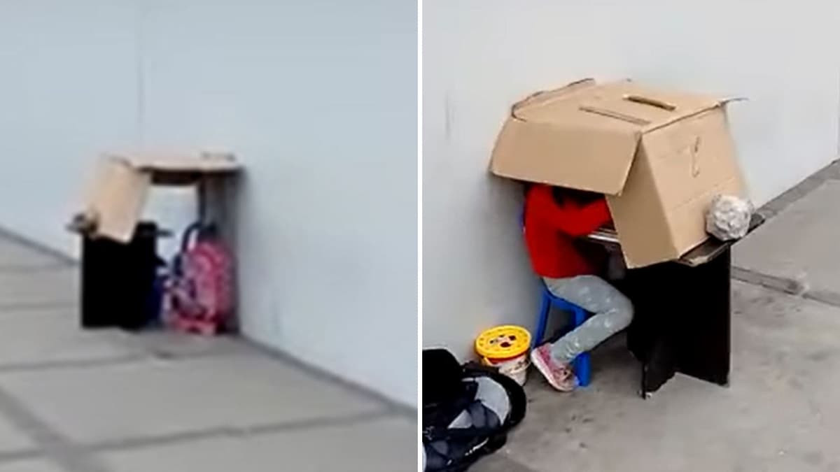 Niña estudia debajo de caja de cartón mientras su padre lava autos