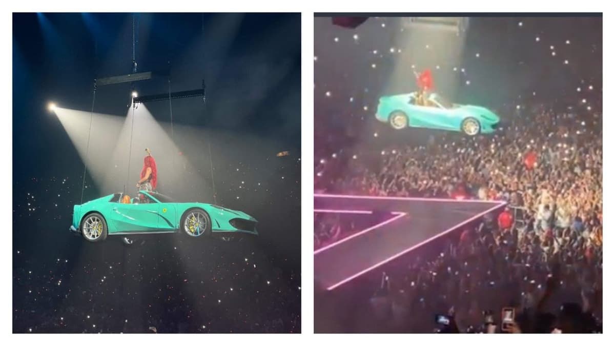 Video: Karol G llega por los aires en un Ferrari en el inicio de su gira "$trip Love Tour" en Chicago
