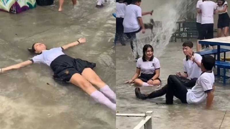 Video: Alumnos de prepa en Culiacán usan como alberca inundaciones en su escuela
