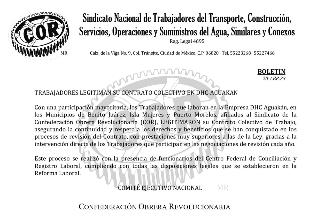 Trabajadores legitiman su contrato colectivo en DHC-Aguakan