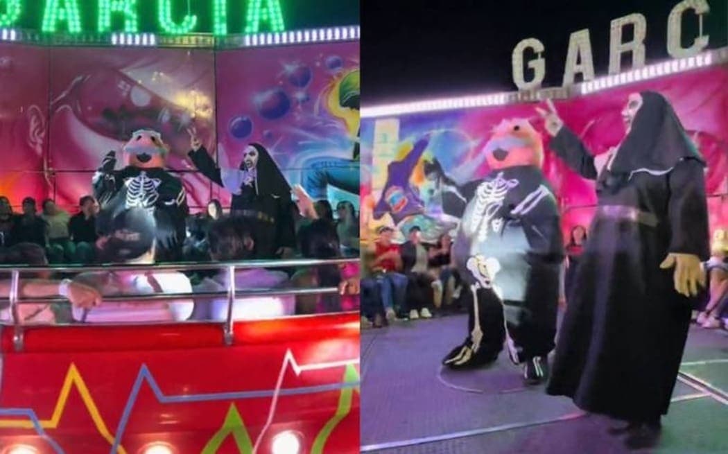 Video: La "Monja viral" y el Dr. Simi arman una reta de baile en la feria