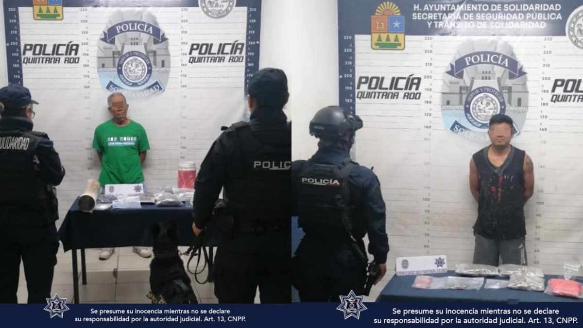Policía Municipal de Solidaridad asegura a dos sujetos, armas de fuego y posibles narcóticos