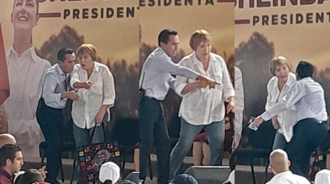 ¡VA PA FUERA! Bajan de templete a Laura Beristain durante visita de Claudia Sheinbaum en Playa del Carmen