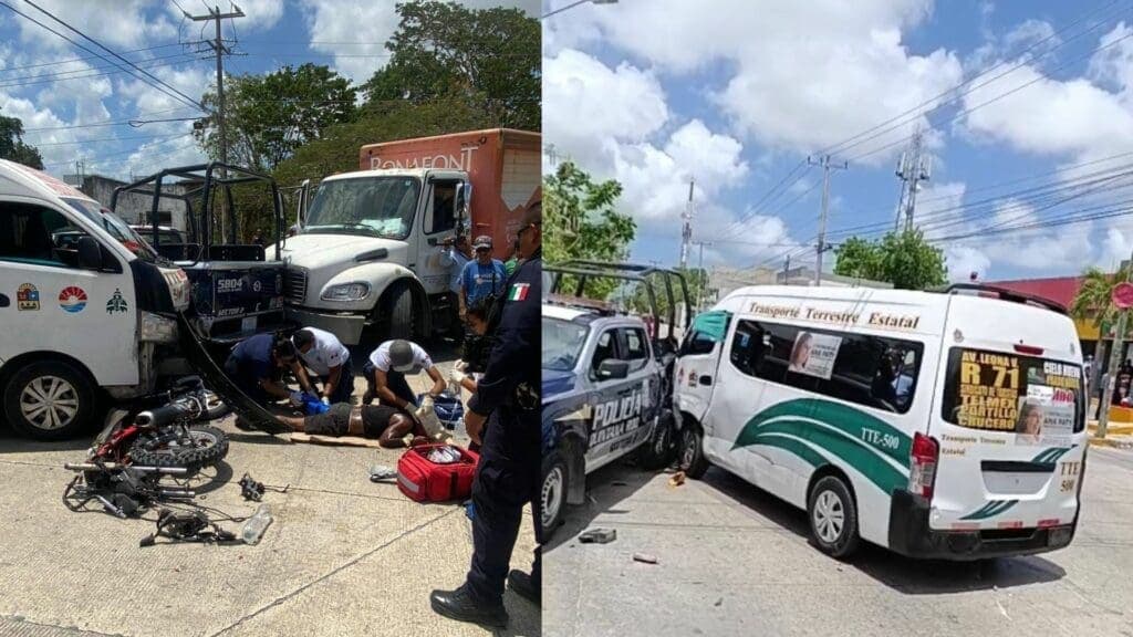 Chocan patrulla, combi, camión de Bonafont y motocicleta en Cancún; hay al menos siete heridos