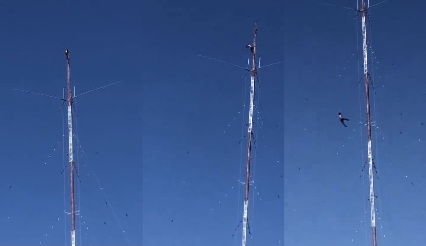 VIDEO: Joven sube a antena en Tlaxcala y se lanza al vacío