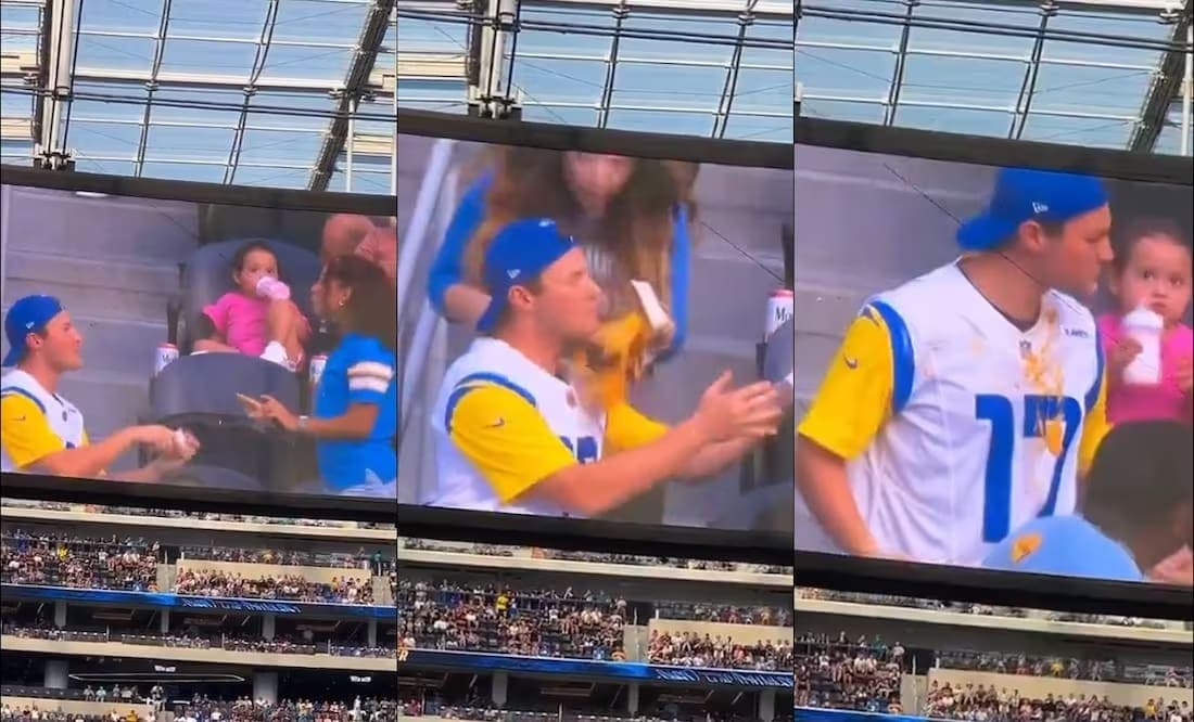 VIDEO: Aficionado aprovecha la kiss cam de la NFL para pedir matrimonio; lo rechazaron y y le tiran nachos encima
