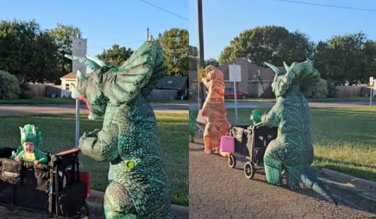 VIDEO: Integrantes de una familia se hacen virales por pasear en la calle disfrazados de dinosaurios